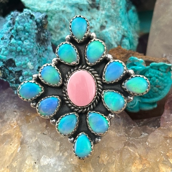Pink queen conch aurora opal sterlin silver adjustable statement ring - Picture 1 of 12
